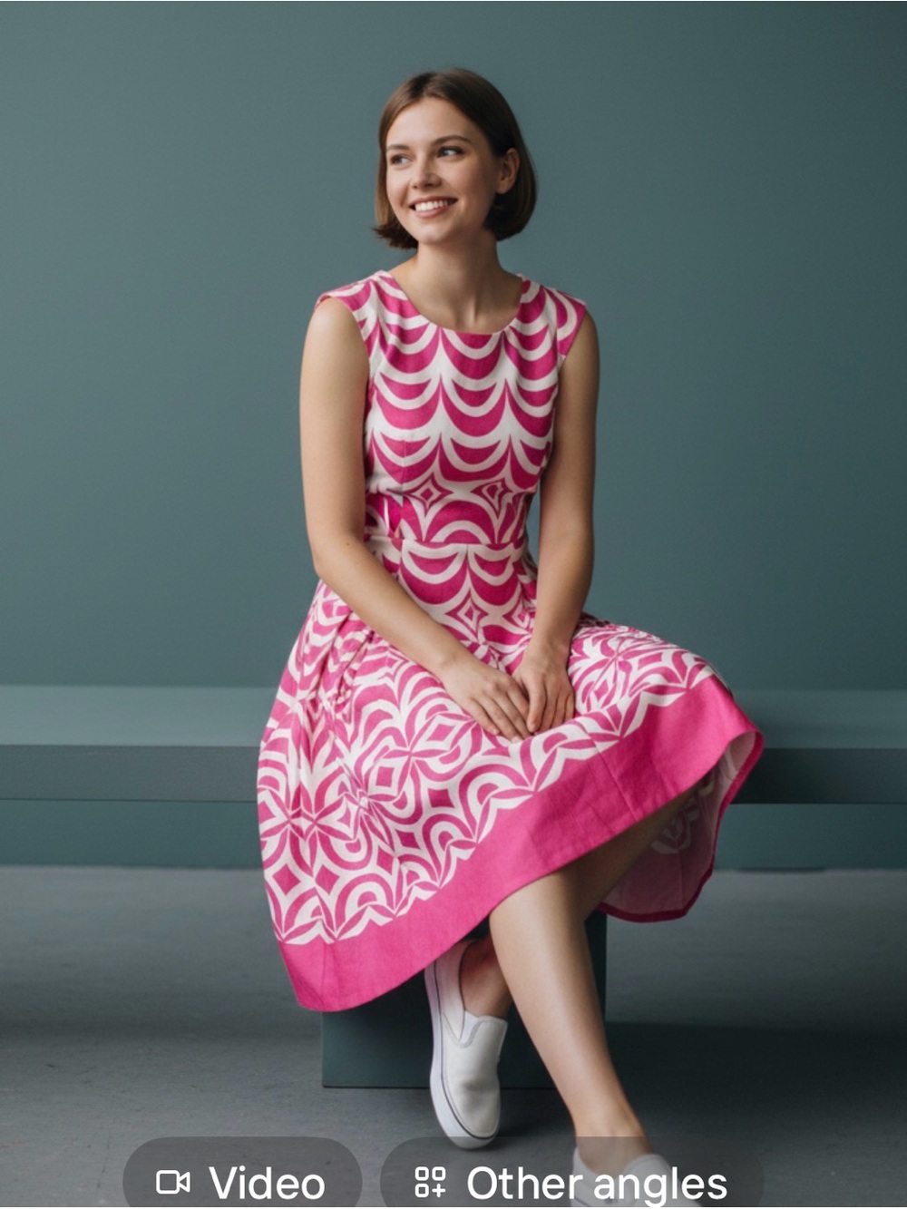 TALBOTS DRESS Pink & White Scallop Print-Cap Sleeve- Fit & Flare. Fully-lined 8P